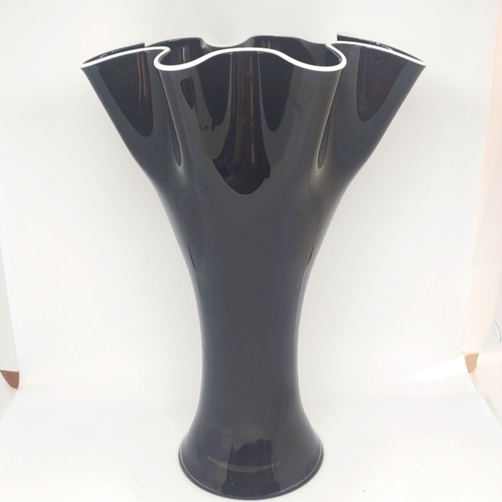 Large Ruffled Black Glass Vase with White Crest